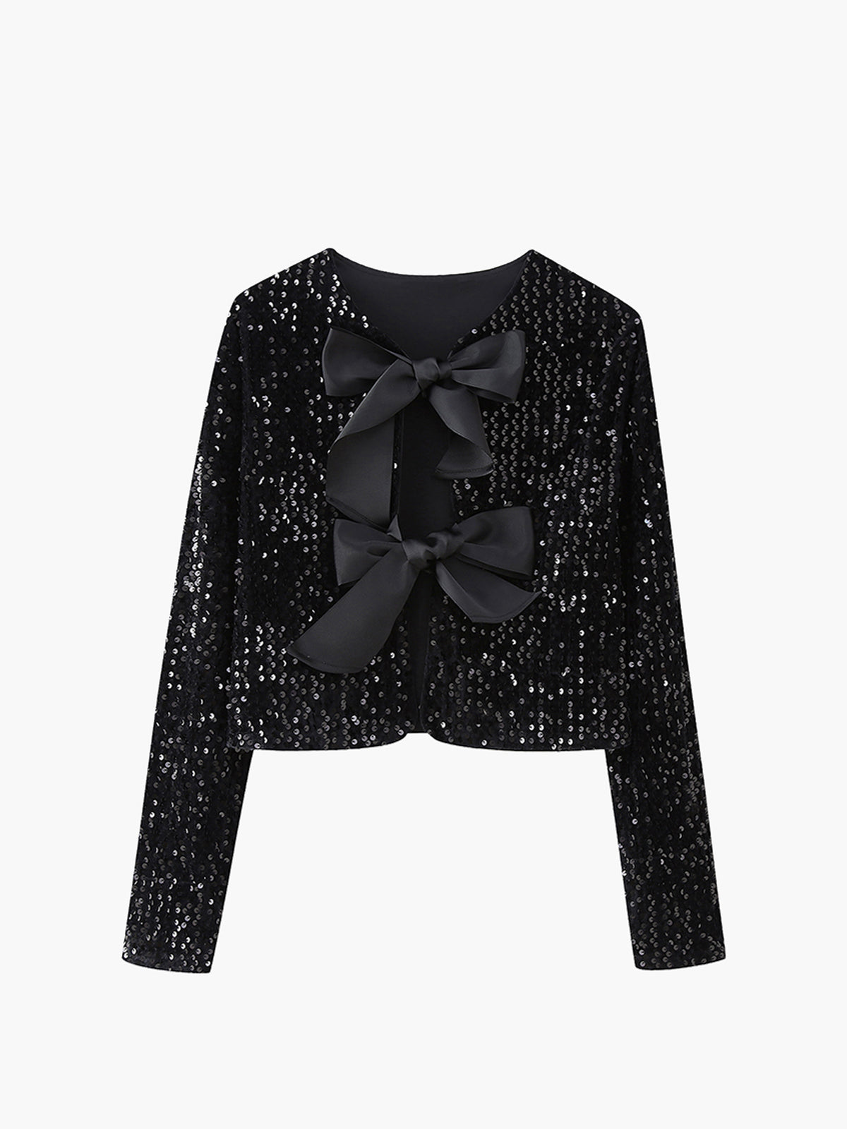 Elegant sequined velvet jacket with bowknot detail, long sleeves, short regular fit for party