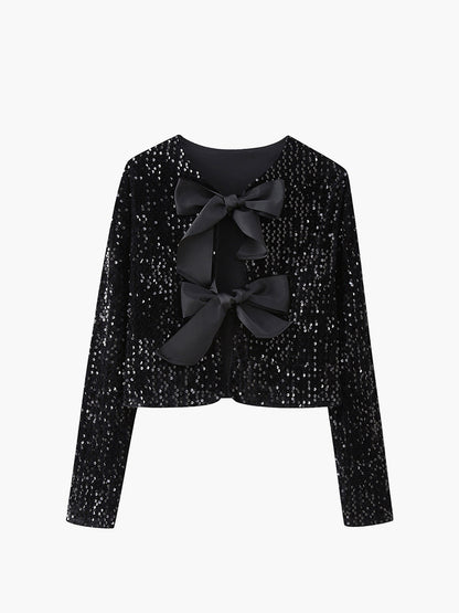 Elegant sequined velvet jacket with bowknot detail, long sleeves, short regular fit for party