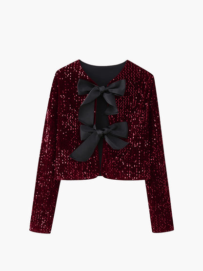 Elegant sequined velvet jacket with bowknot detail, long sleeves, regular fit, perfect for parties