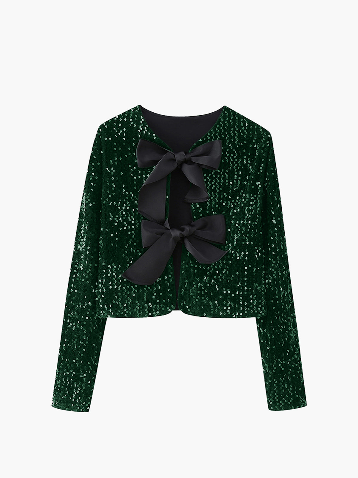 Elegant sequined velvet jacket with bowknot detail, long sleeves, short crop cut for party wear