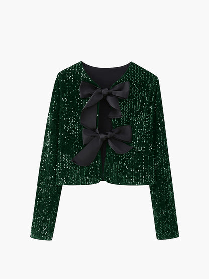 Elegant sequined velvet jacket with bowknot detail, long sleeves, short crop cut for party wear