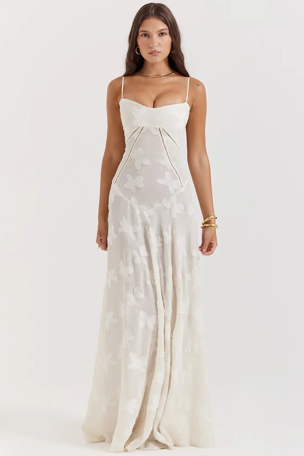 Flowy long summer dress with open back, adjustable straps, elegant silhouette, perfect coastal style
