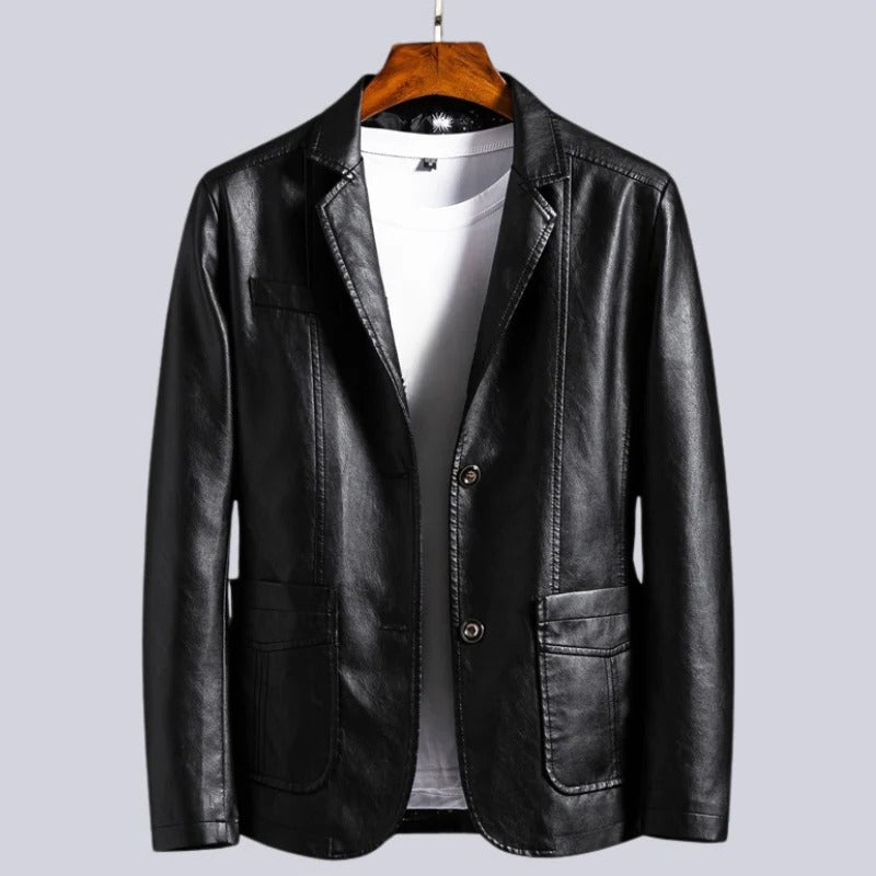 Black faux leather jacket with spacious front pockets and hidden inner compartments, sleek refined style