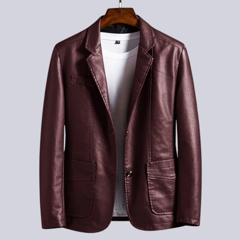 Black faux leather biker jacket with spacious front pockets and hidden inner compartments