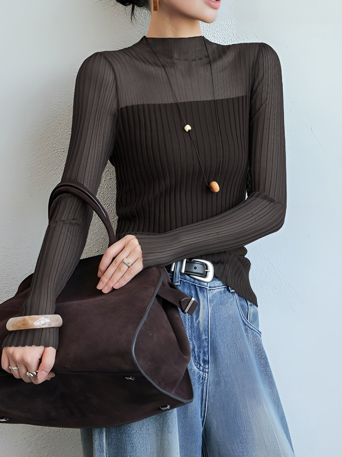 Slim fit sheer panel rib-knit sweater with semi-transparent mesh detail casual style
