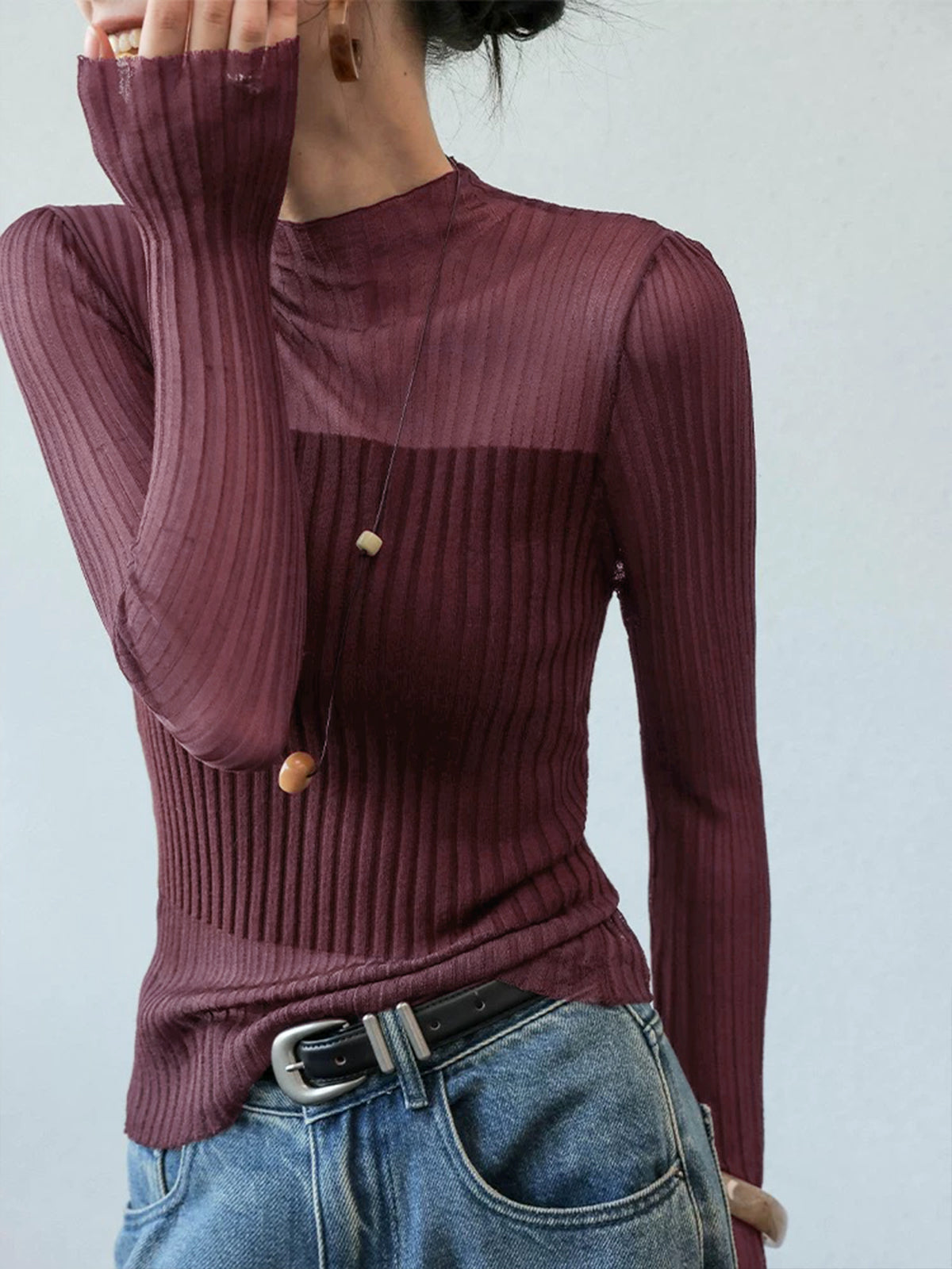 Slim fit rib-knit sheer panel sweater with semi-transparent mesh detailing, casual versatile style