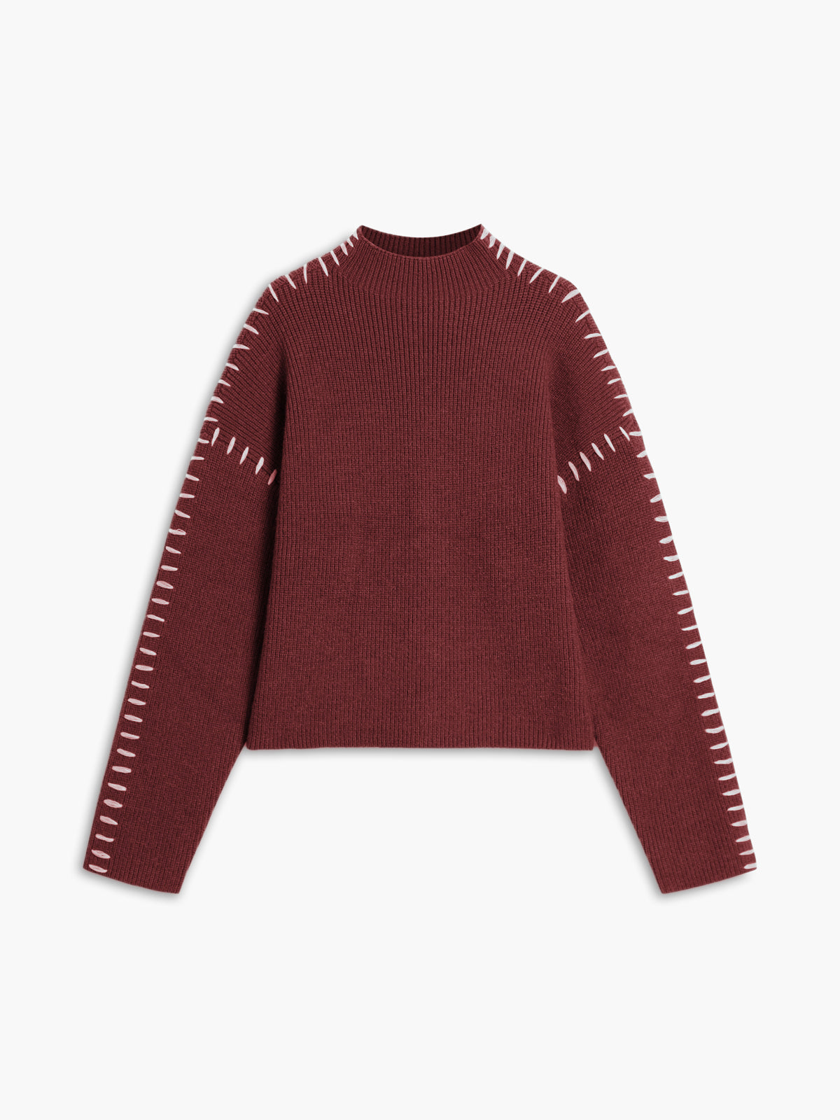 Beige oversized mock neck knit sweater with casual fit and slight stretch fabric