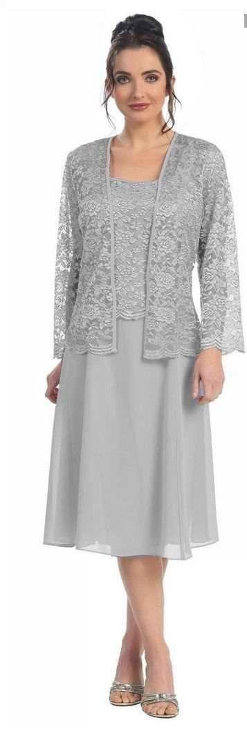 Burgundy knee-length mother of bride dress with long sleeve lace jacket and scoop neckline