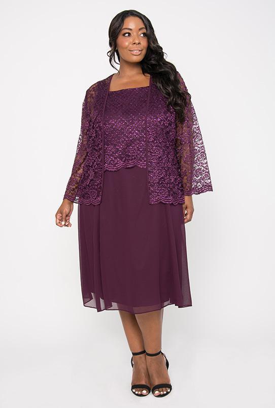 Knee-length mother of bride dress with lace jacket, scoop neck, chiffon skirt, burgundy navy plum
