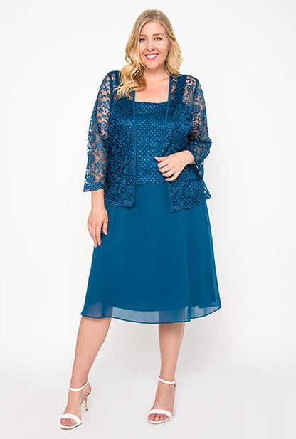 Knee-length mother of bride dress with lace jacket, scoop neck, straps, burgundy chiffon, USA-made