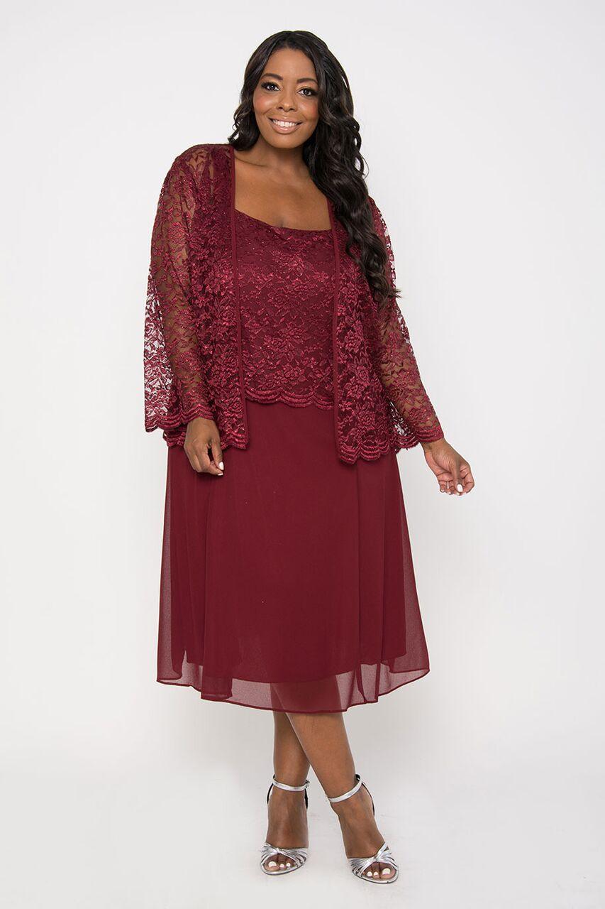 Knee-length mother of bride dress with lace jacket, scoop neck, burgundy chiffon, natural waist