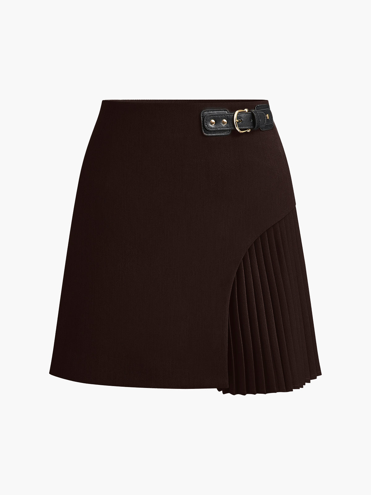 Beige mid-waist pleated skirt with sculptural side pleat and buckle belt for polished structured silhouette