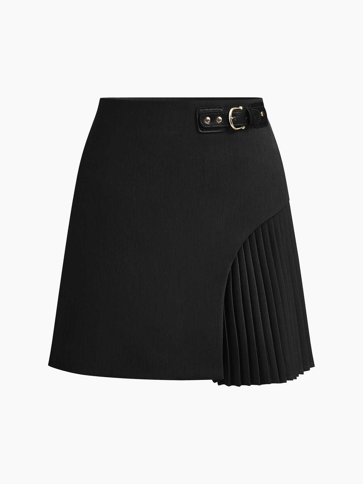 Midi side pleated skirt with buckle belt, structured woven fabric, polished contemporary silhouette