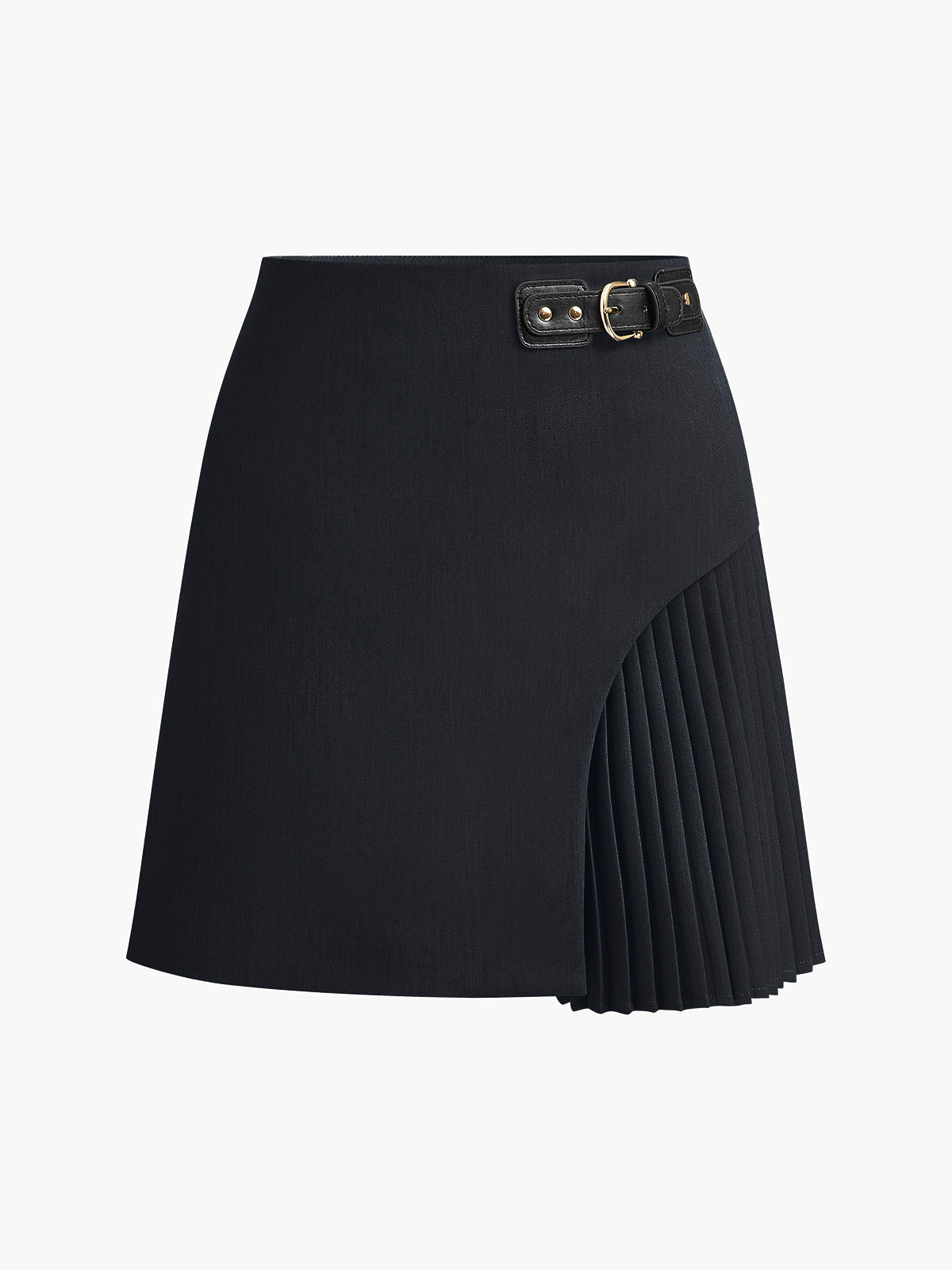 Beige mid-waist pleated skirt with sculptural side pleat and buckle belt for a tailored silhouette