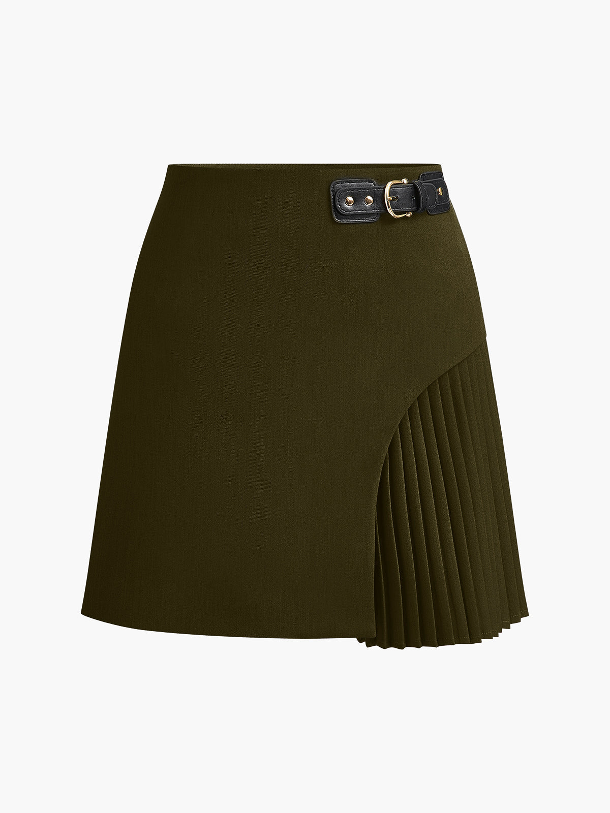 Beige mid-waist pleated skirt with sculptural side pleat and buckle belt for polished tailored look