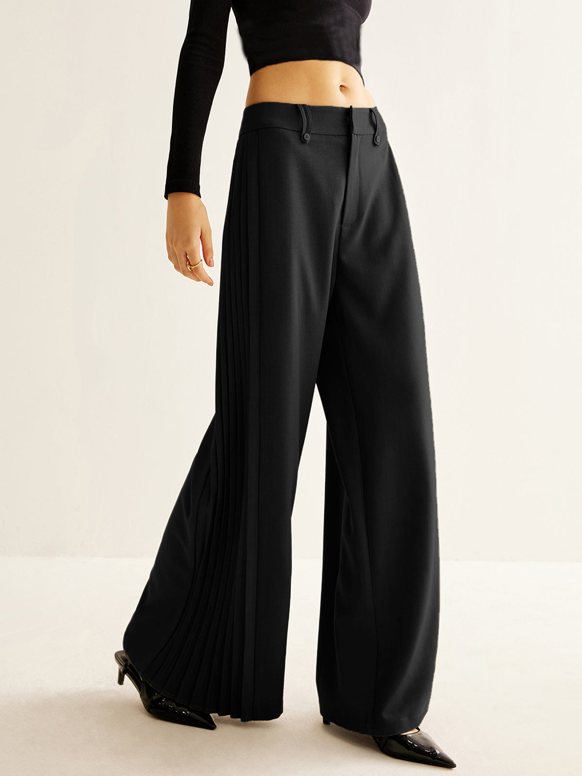 Black side pleated wide-leg pants mid-waist woven fabric elegant casual long trousers