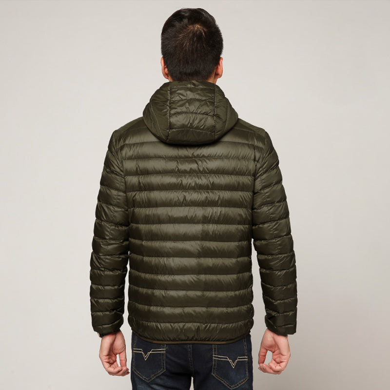 Men's lightweight packable down hoodie jacket water wind resistant ultra-slim travel fit