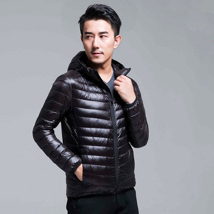 Men's ultra-lightweight packable down hoodie jacket, water-resistant shell, slim fit, versatile all-season style