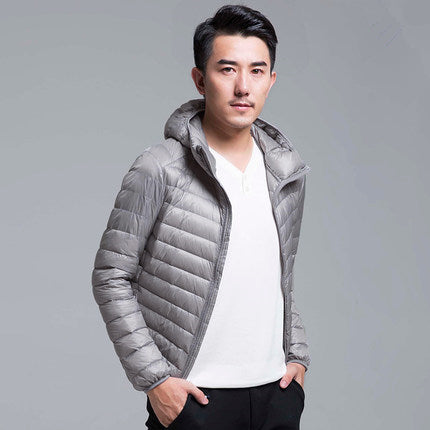 Men's ultra-lightweight packable down hoodie jacket, water-resistant shell, slim fit, versatile all-season wear
