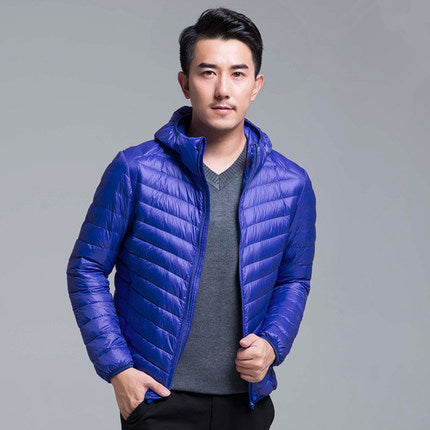 Men's lightweight packable down hoodie jacket water-resistant windproof slim fit travel-ready outerwear