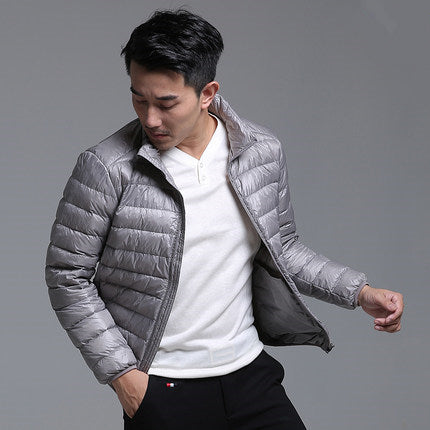 Men's ultra-lightweight packable down hoodie jacket, water-resistant shell, slim fit, versatile all-season wear