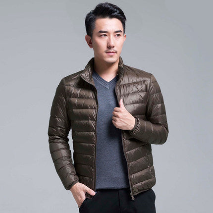 Men's ultra-lightweight packable down hoodie jacket, water-resistant shell, slim fit, travel-ready