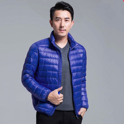 Men's ultra-lightweight packable down hoodie jacket, water-resistant shell, slim fit, travel-ready