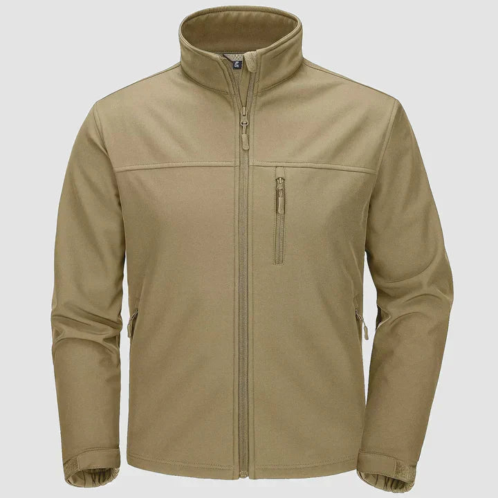 Men's navy blue slim-fit winter jacket with full-zip closure and multiple utility pockets