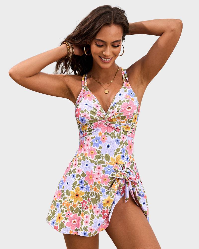 Black flattering swim dress one-piece with elegant skirted overlay for a slimming silhouette