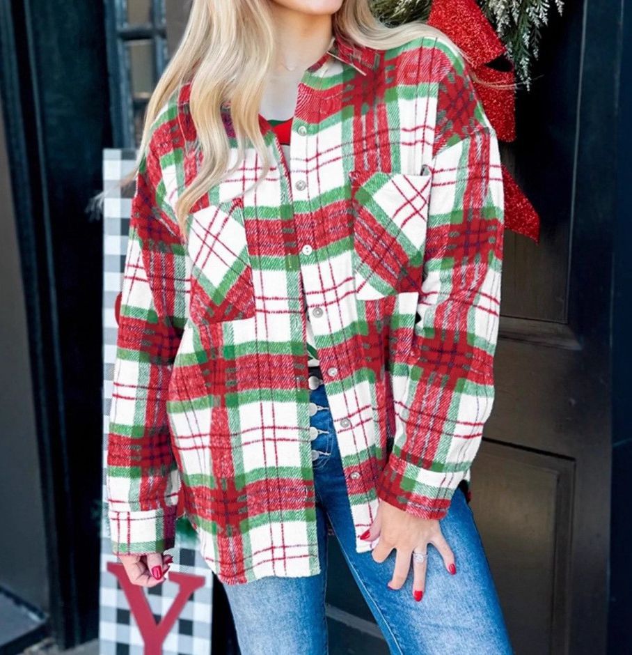 Plaid woolen jacket shirt in Christmas style, cozy oversized fit with festive tartan pattern