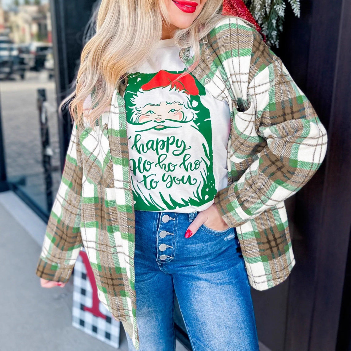 Plaid woolen jacket shirt in Christmas red and green, relaxed fit with festive tartan pattern