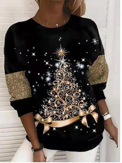 Women's blue festive sweatshirt with glittery Christmas tree print, cozy relaxed fit