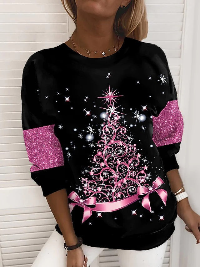 Women's blue Christmas tree print sweatshirt with cozy festive sparkle design