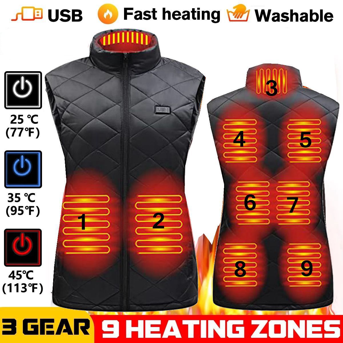 Women's heated vest adjustable warmth levels USB powered sleek fitted winter outerwear