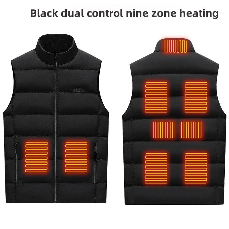 Navy heated puffer vest with app-controlled temperature zones and USB power bank compatibility