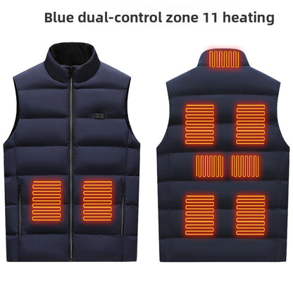 Navy heated puffer vest with app-controlled temperature zones and USB power bank compatibility