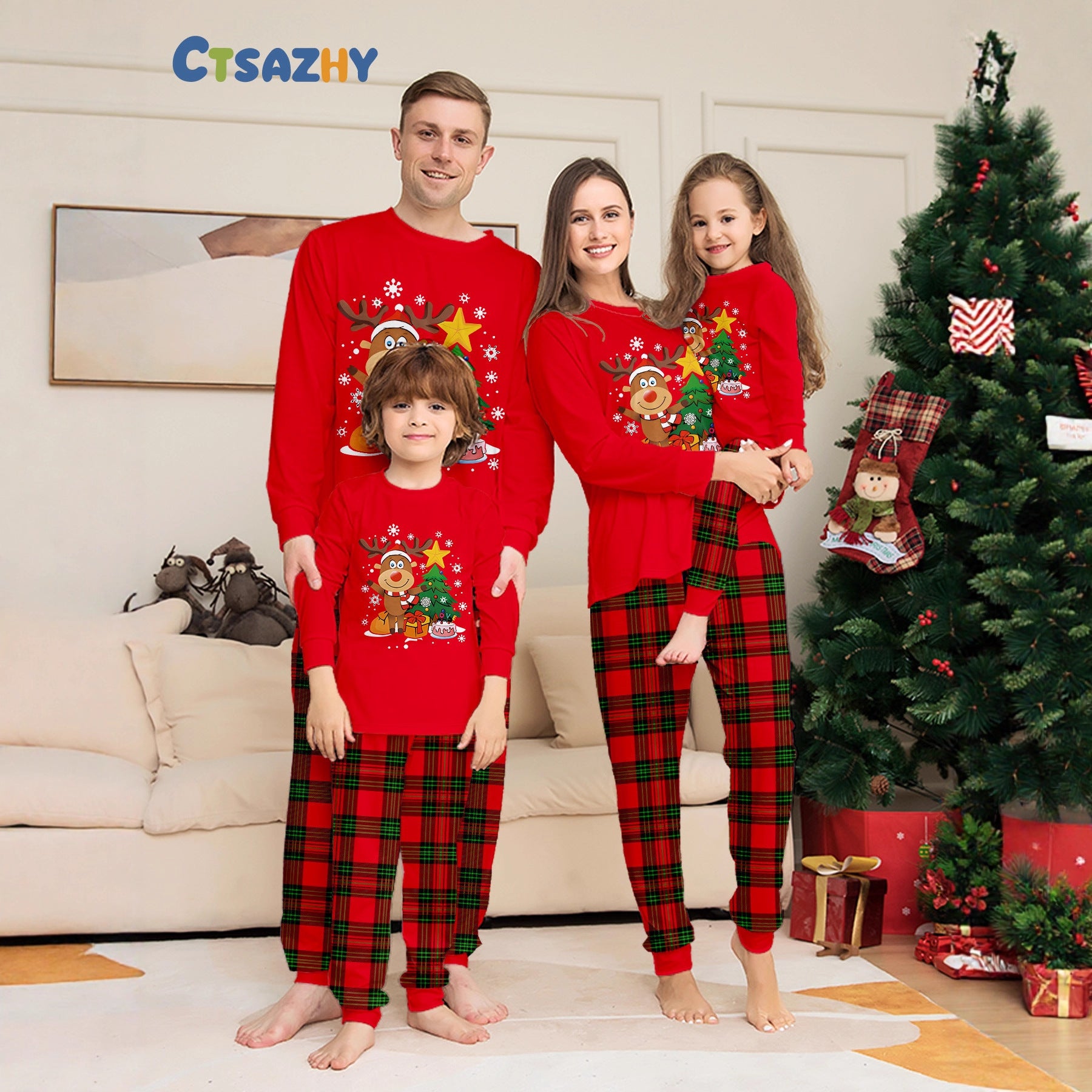 Family matching Christmas pajama set red shirts plaid pants reindeer Santa holiday print