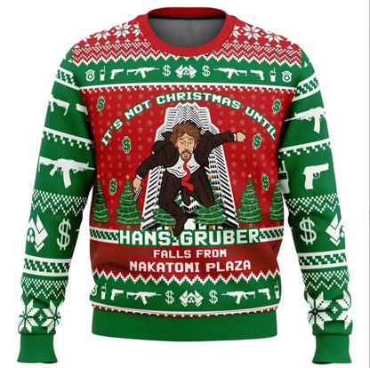 Red ugly Christmas sweater unisex relaxed fit with Hans Gruber Nakatomi Plaza Die Hard graphic