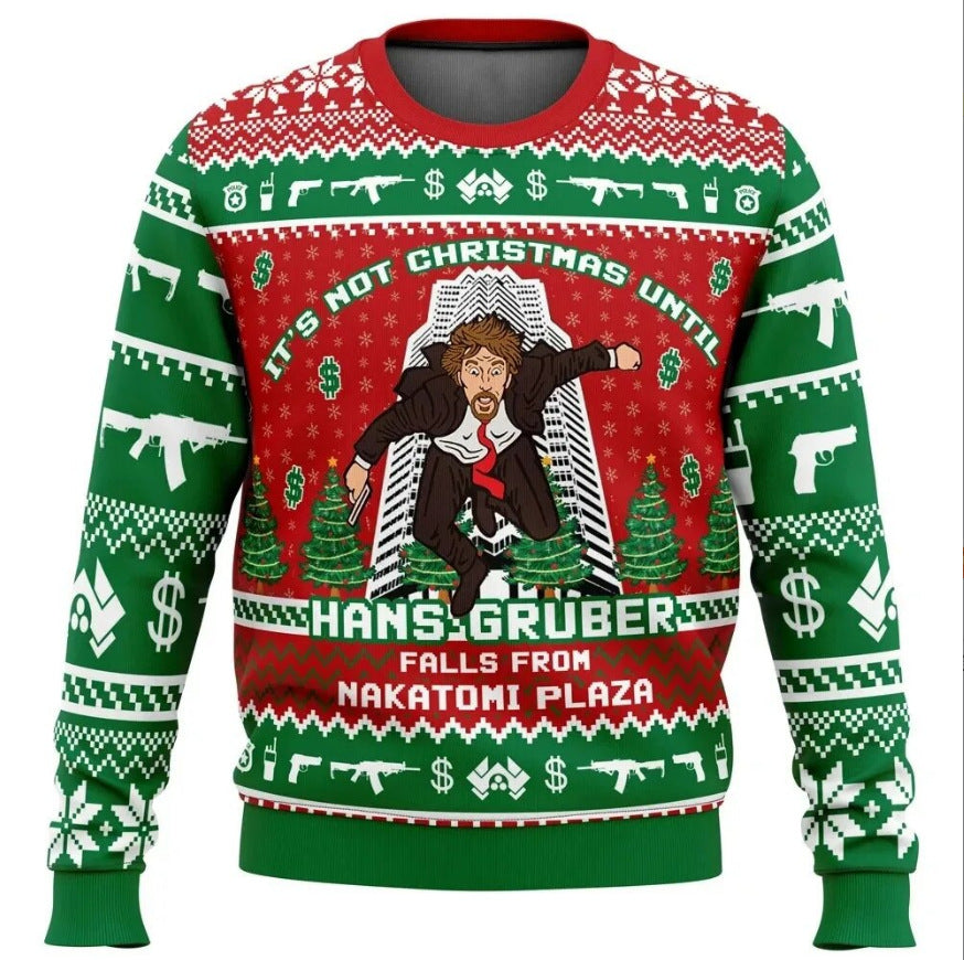 Red ugly Christmas sweater unisex relaxed fit with Hans Gruber Nakatomi Plaza Die Hard graphic