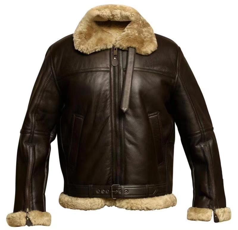 Men's brown leather fur coat faux shearling collar warm winter outerwear classic vintage style