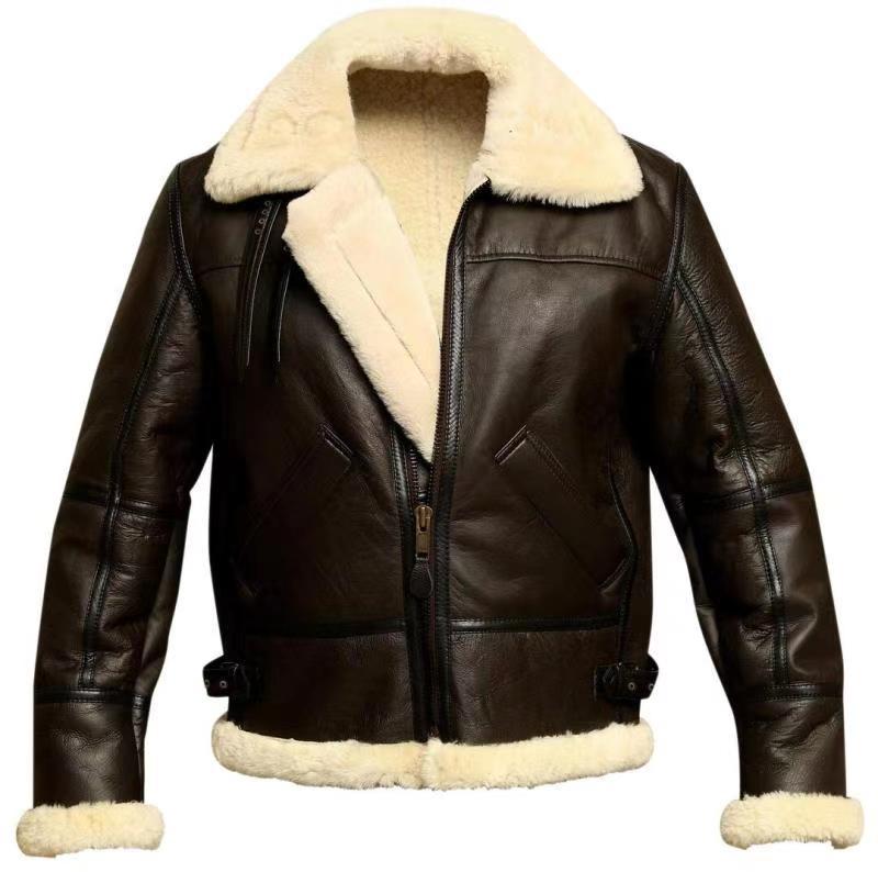 Men's brown leather fur coat with faux shearling collar, warm oversized silhouette for winter