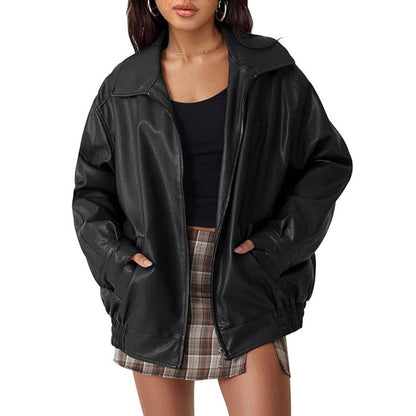 Women's relaxed-fit leather biker jacket in classic black with timeless moto-inspired detailing