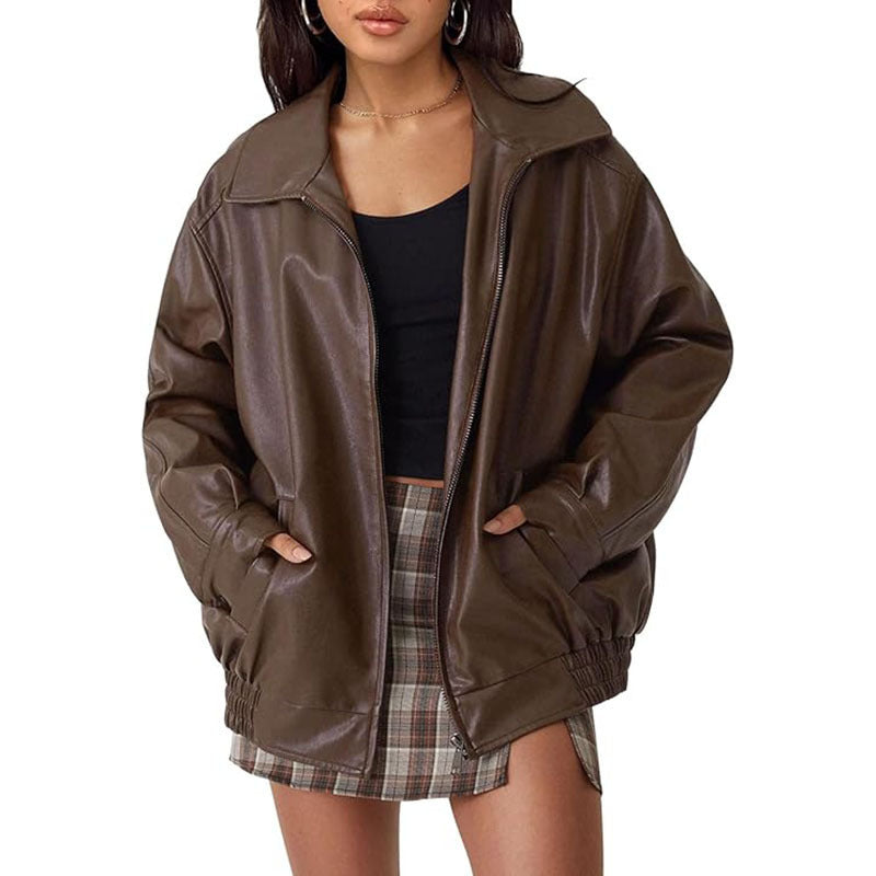 Women's relaxed-fit leather biker jacket in classic black with moto-inspired zip detailing