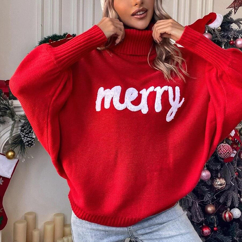 Christmas red turtleneck sweater with festive pattern, cozy knit holiday pullover for women