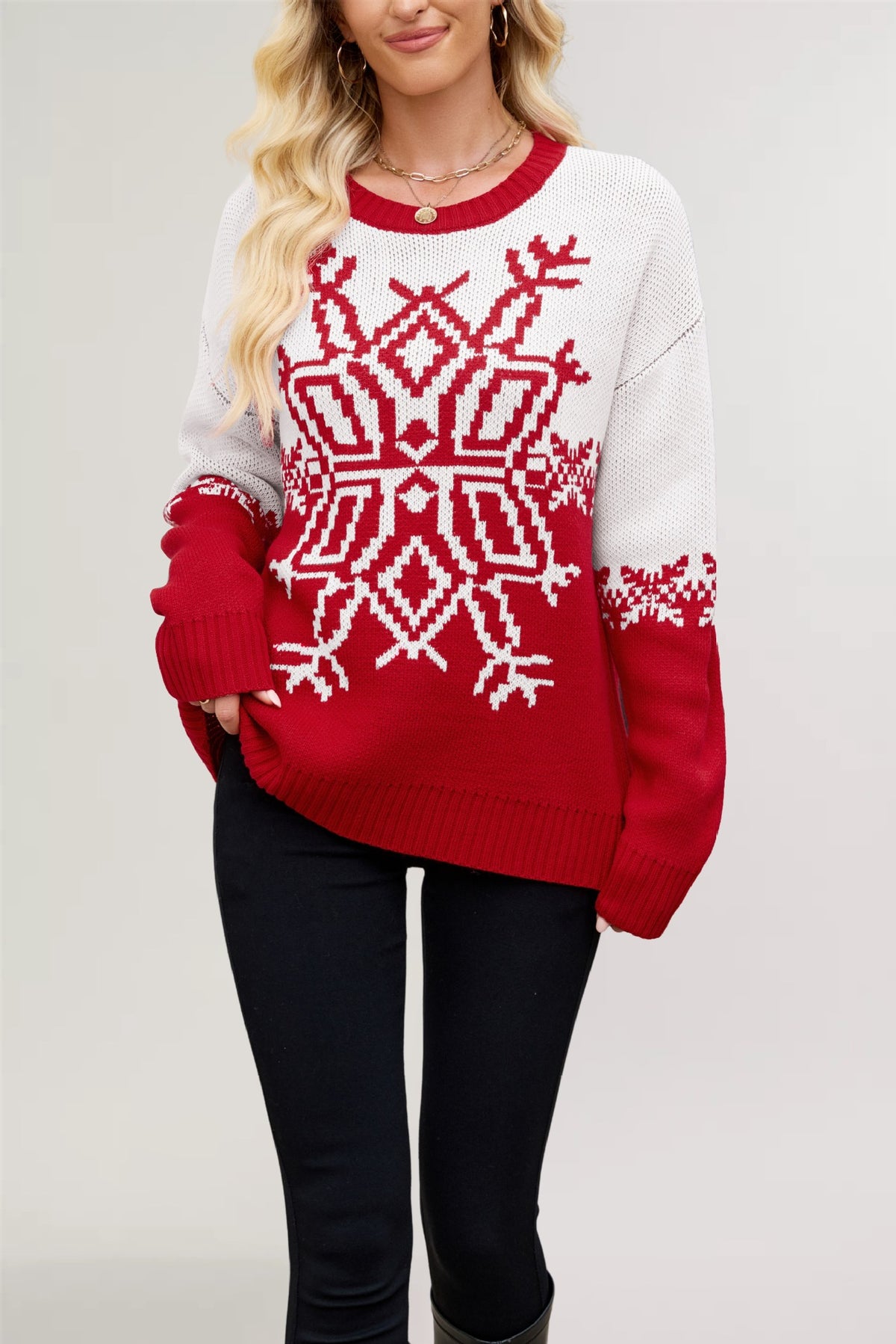 Cozy Christmas knitwear sweater in festive colors with holiday pattern design and relaxed fit