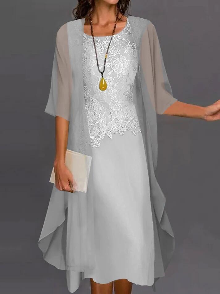 Elegant lace chiffon mother of bride gown, 3/4 sleeves, floor-length formal evening dress for weddings