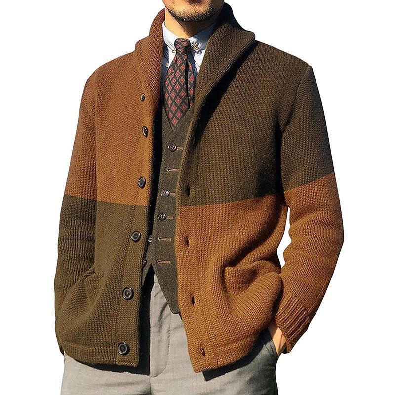 Men's relaxed knit cardigan with rolled shawl collar, button front, and patch pockets in neutral tone