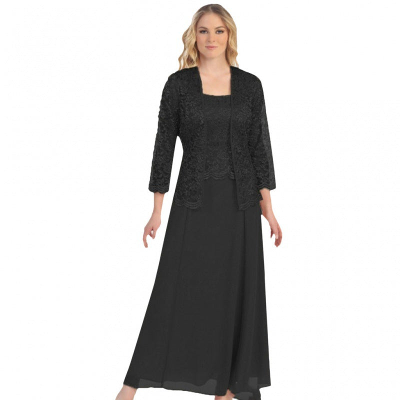 Ivory lace cardigan chiffon maxi dress two-piece set elegant wedding guest eveningwear
