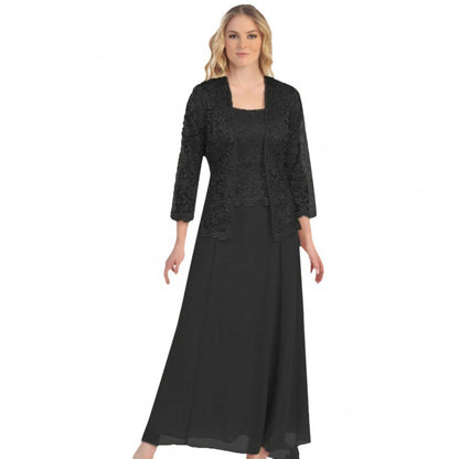 Elegant ivory lace cardigan chiffon maxi dress two-piece set women wedding guest eveningwear