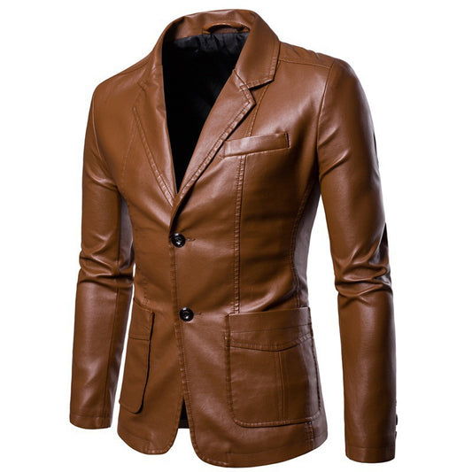 Cognac brown men's vegan leather blazer with notch lapels and tailored button cuffs